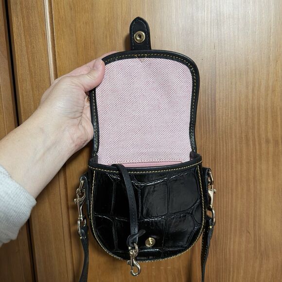 Dooney & Bourke Mini Flap Crossbody Black Croc Leather Pink Lining Y2K 2000s Bag - Picture 11 of 16
